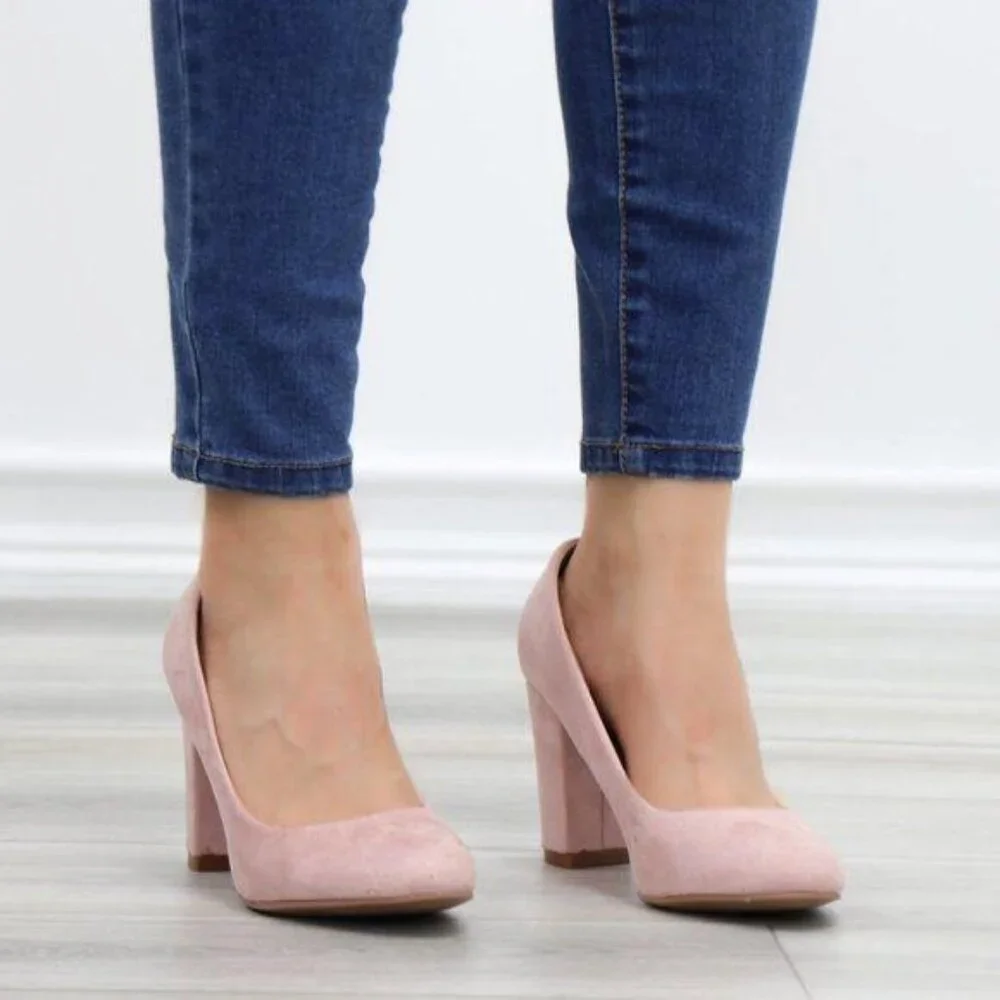 Rose Faux Suede Slip On Block High Heel Pumps - Picture 7 of 15